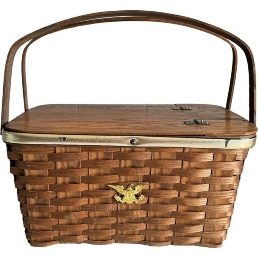 Vintage Large Picnic Basket Wooden Top Handles Wicker Basketville Putney Vermont